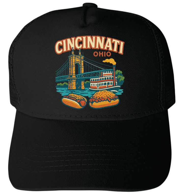 Cincinnati Ohio Vintage Design Black Unisex Mesh Back Trucker Hat with Adjustable Snapback Black