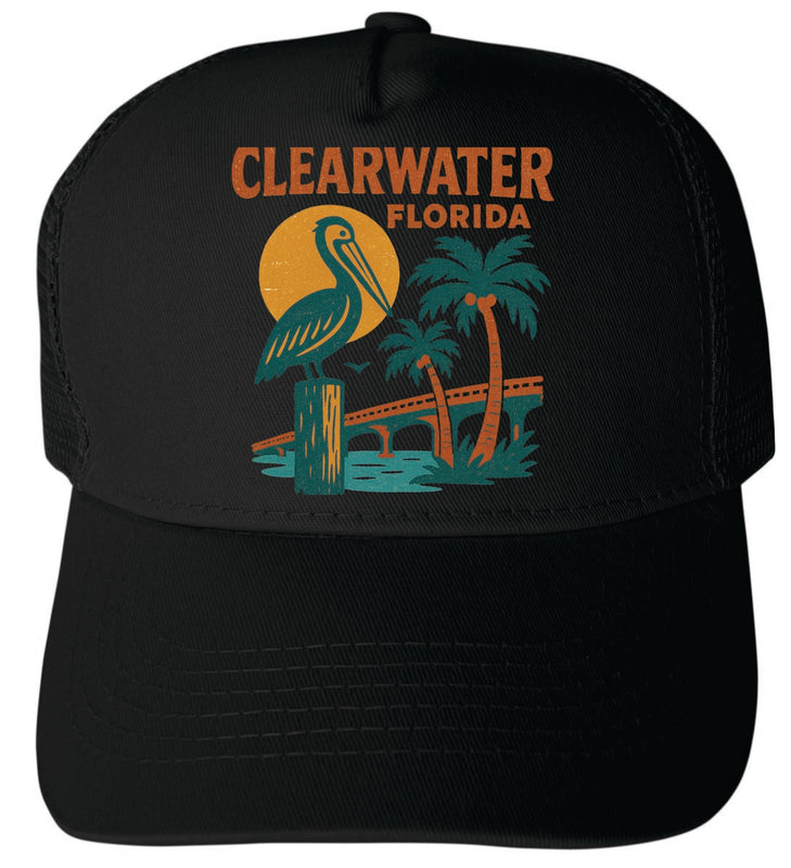 Clearwater Florida Vintage Design Black Unisex Mesh Back Trucker Hat with Adjustable Snapback Black