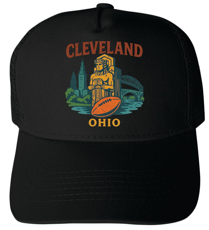 Cleveland Ohio Vintage Design Black Unisex Mesh Back Trucker Hat with Adjustable Snapback Black