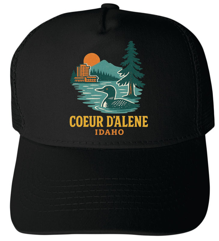 Coeur D'Alene Idaho Vintage Design Black Unisex Mesh Back Trucker Hat with Adjustable Snapback Black