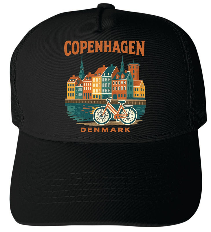 Copenhagen Denmark Vintage Design Black Unisex Mesh Back Trucker Hat with Adjustable Snapback Black