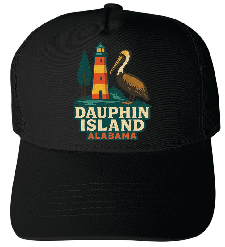 Dauphin Island Alabama Vintage Design Black Unisex Mesh Back Trucker Hat with Adjustable Snapback Black