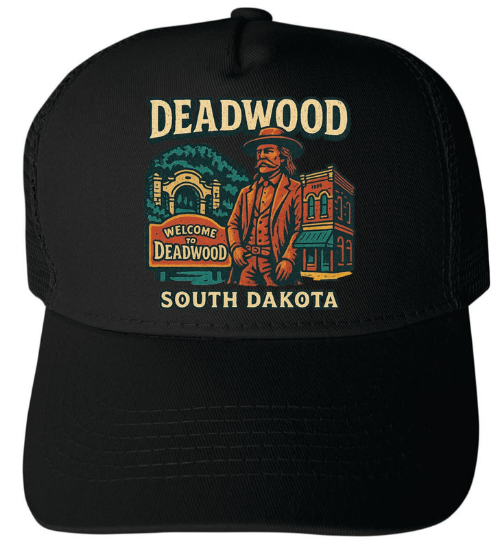 Deadwood South Dakota Vintage Design Black Unisex Mesh Back Trucker Hat with Adjustable Snapback Black