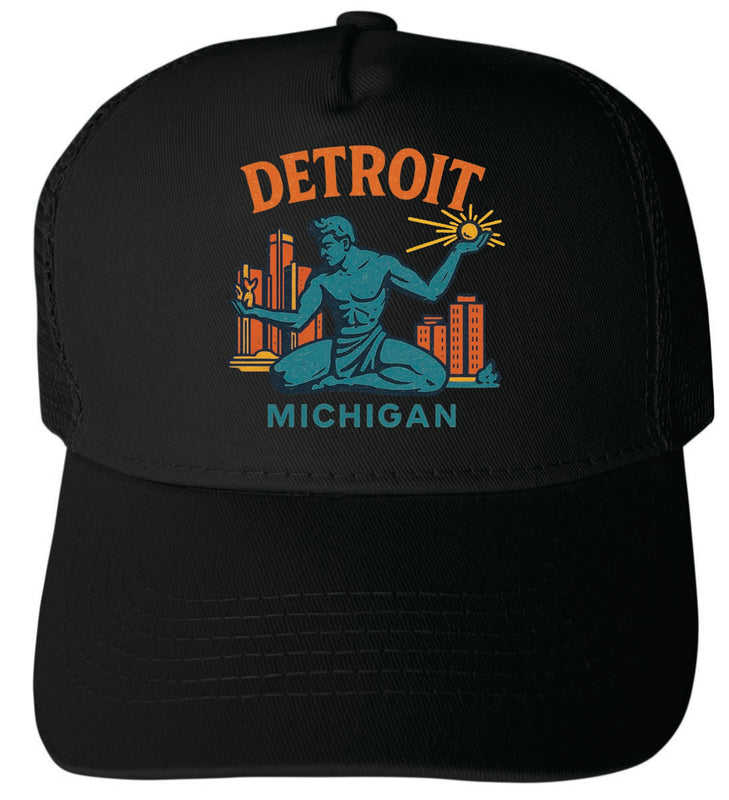 Detroit Michigan Vintage Design Black Unisex Mesh Back Trucker Hat with Adjustable Snapback Black