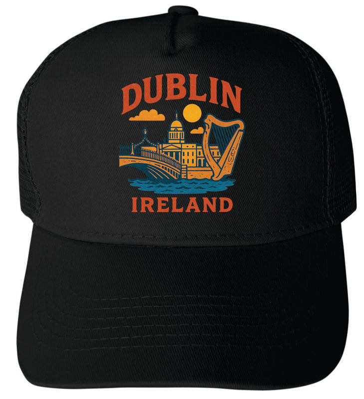 Dublin Ireland Vintage Design Black Unisex Mesh Back Trucker Hat with Adjustable Snapback Black