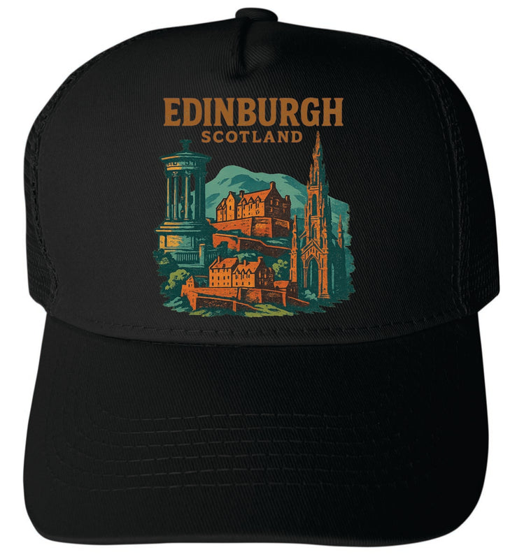 Edinburgh Scotland Vintage Design Black Unisex Mesh Back Trucker Hat with Adjustable Snapback Black