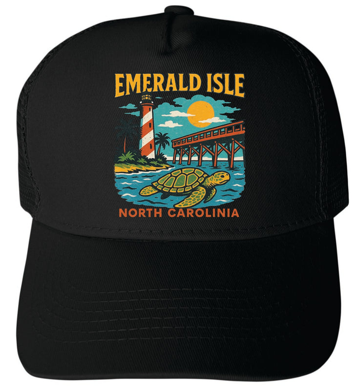 Emerald Isle North Carolina Vintage Design Black Unisex Mesh Back Trucker Hat with Adjustable Snapback Black
