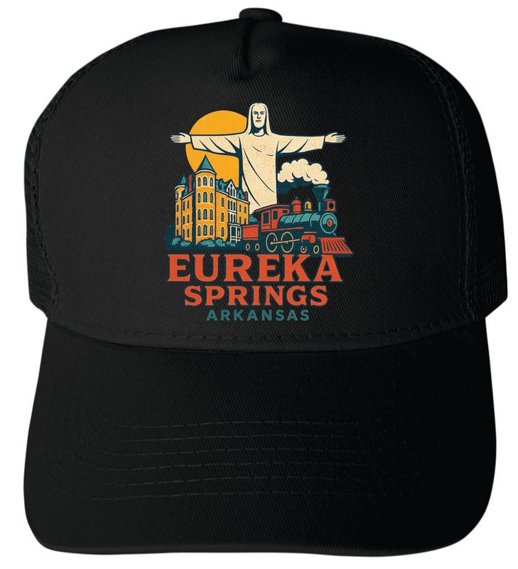 Eureka Springs Arkansas Vintage Design Black Unisex Mesh Back Trucker Hat with Adjustable Snapback Black