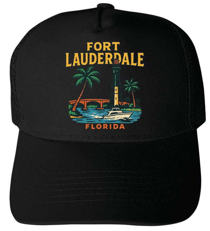 Fort Lauderdale Florida Vintage Design Black Unisex Mesh Back Trucker Hat with Adjustable Snapback Black