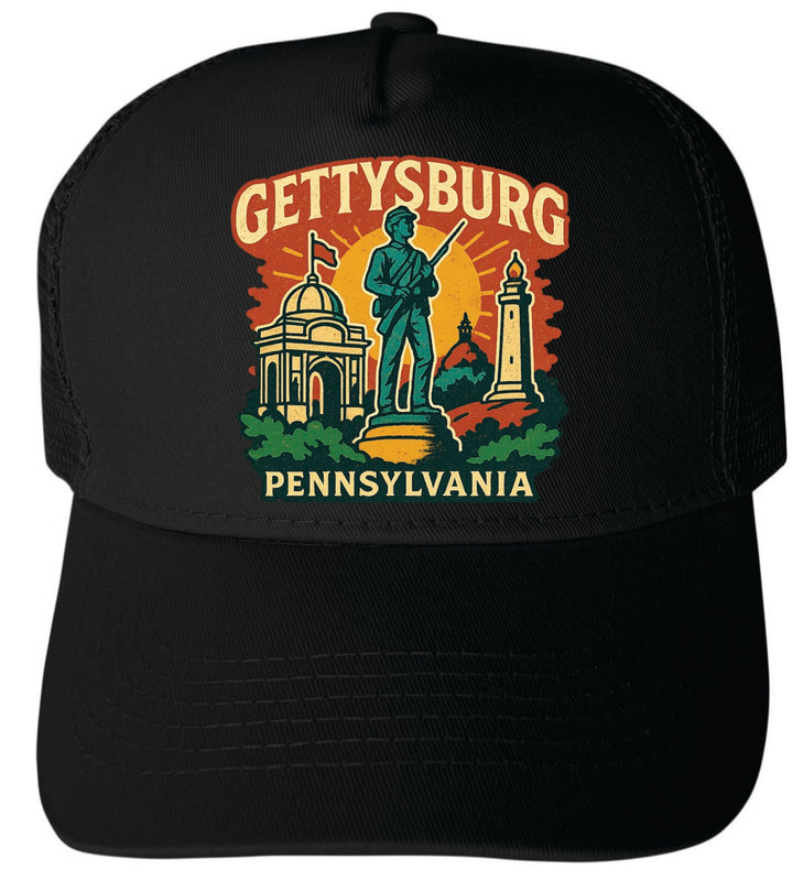 Gettysburg Pennsylvania Vintage Design Black Unisex Mesh Back Trucker Hat with Adjustable Snapback Black