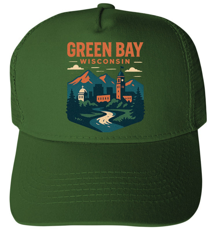 Green Bay Wisconsin Vintage Design Green Unisex Mesh Back Trucker Hat with Adjustable Snapback Green