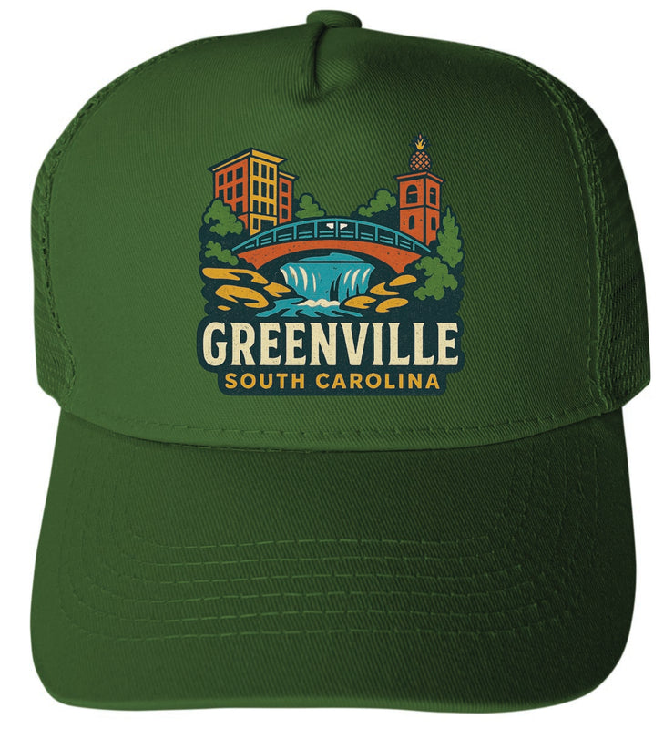Greenville South Carolina Vintage Design Green Unisex Mesh Back Trucker Hat with Adjustable Snapback Green