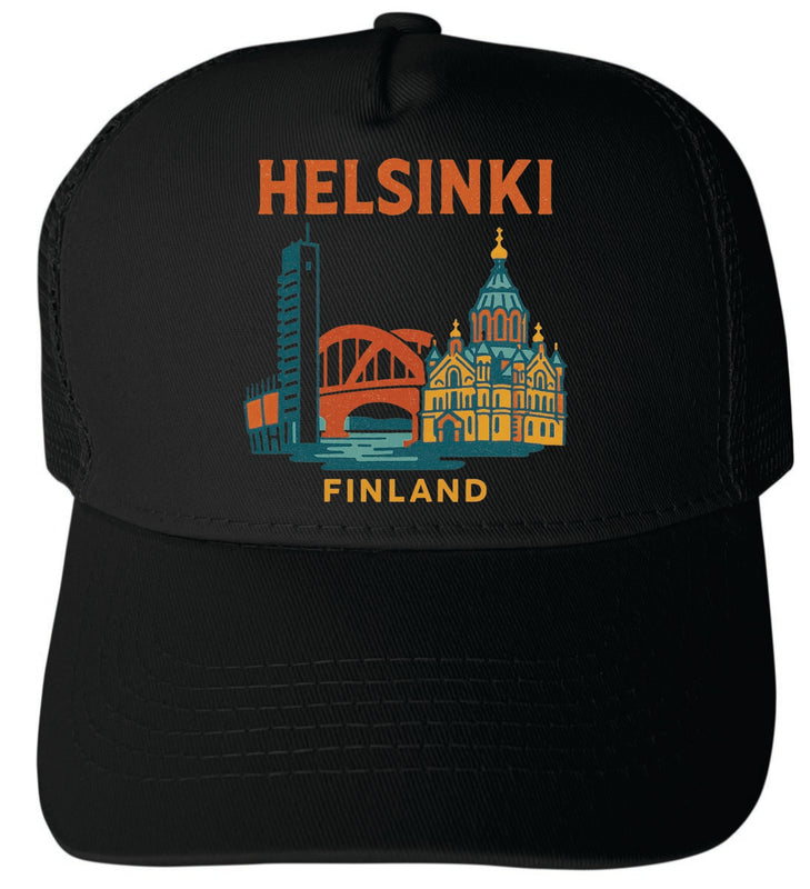 Helsinki Finland Vintage Design Black Unisex Mesh Back Trucker Hat with Adjustable Snapback Black