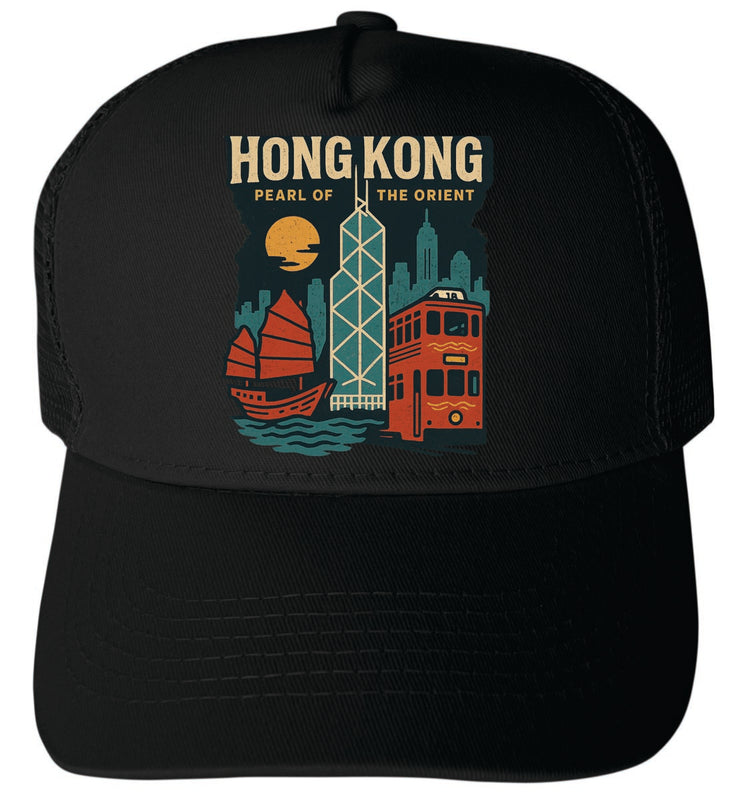 Hong Kong Vintage Design Black Unisex Mesh Back Trucker Hat with Adjustable Snapback Black