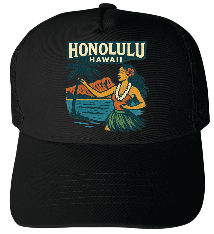Honolulu Hawaii Vintage Design Black Unisex Mesh Back Trucker Hat with Adjustable Snapback Black