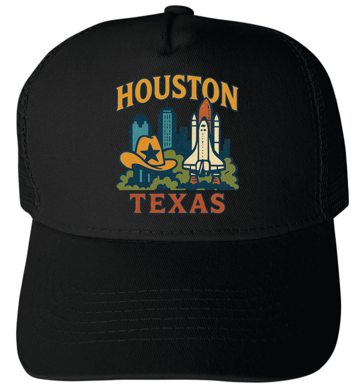Houston Texas Vintage Design Black Unisex Mesh Back Trucker Hat with Adjustable Snapback Black