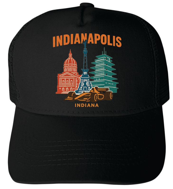 Indianapolis Indiana Vintage Design Black Unisex Mesh Back Trucker Hat with Adjustable Snapback Black
