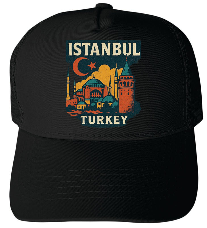 Istanbul Turkey Vintage Design Black Unisex Mesh Back Trucker Hat with Adjustable Snapback Black