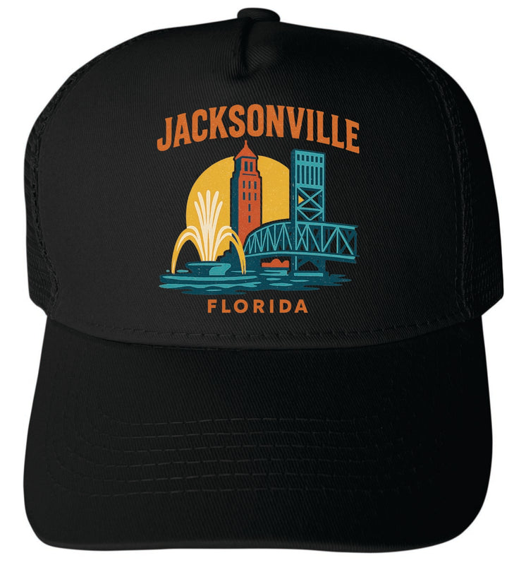 Jacksonville Florida Vintage Design Black Unisex Mesh Back Trucker Hat with Adjustable Snapback Black