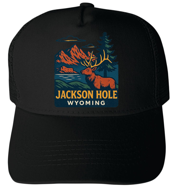 Jackson Hole Wyoming Vintage Design Black Unisex Mesh Back Trucker Hat with Adjustable Snapback Black