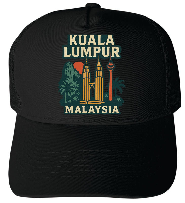 Kuala Lumpur Malaysia Vintage Design Black Unisex Mesh Back Trucker Hat with Adjustable Snapback Black