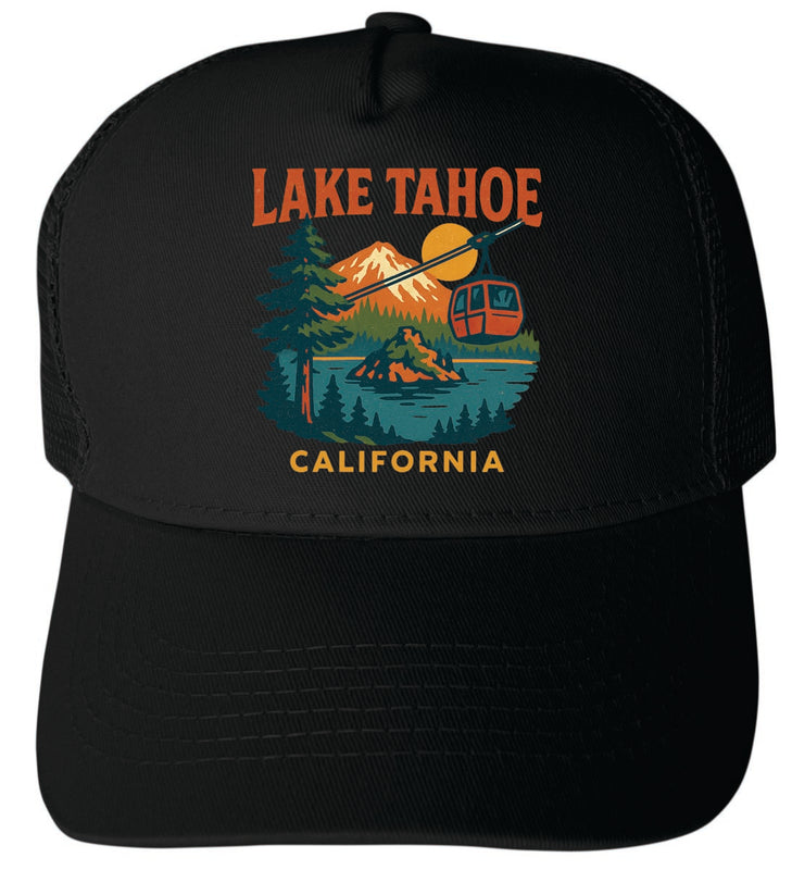 Lake Tahoe California Vintage Design Black Unisex Mesh Back Trucker Hat with Adjustable Snapback Black