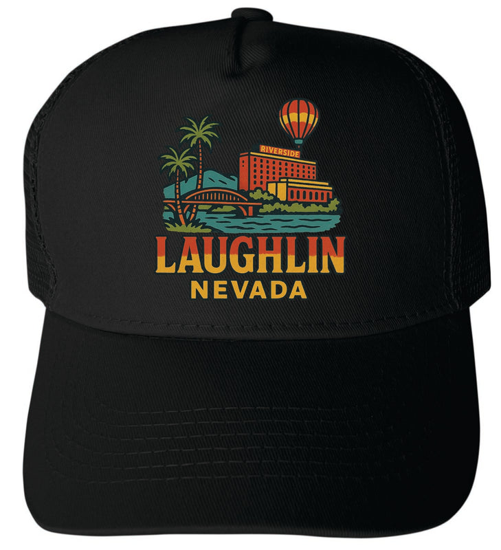 Laughlin Nevada Vintage Design Black Unisex Mesh Back Trucker Hat with Adjustable Snapback Black