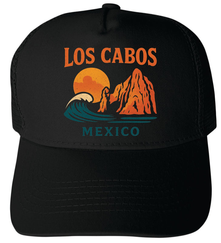 Los Cabos Mexico Vintage Design Black Unisex Mesh Back Trucker Hat with Adjustable Snapback Black