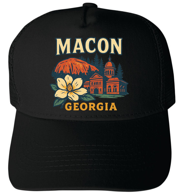 Macon Georgia Vintage Design Black Unisex Mesh Back Trucker Hat with Adjustable Snapback Black