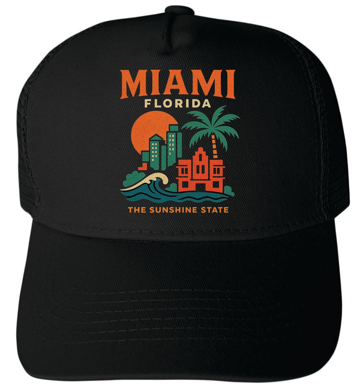 Miami Florida Vintage Design Black Unisex Mesh Back Trucker Hat with Adjustable Snapback Black