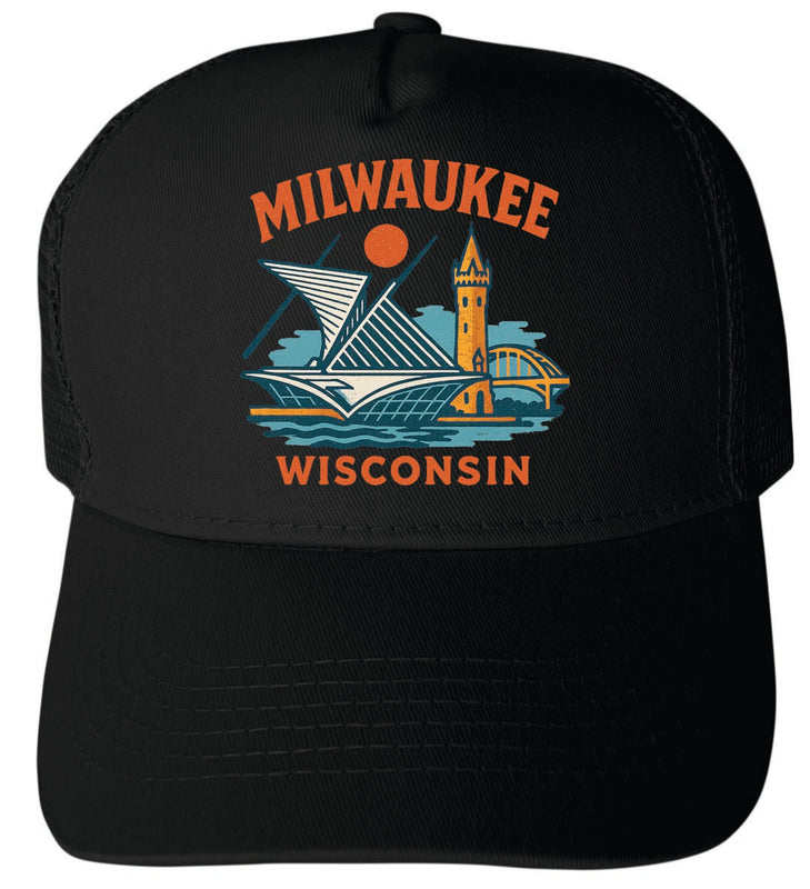Milwaukee Wisconsin Vintage Design Black Unisex Mesh Back Trucker Hat with Adjustable Snapback Black