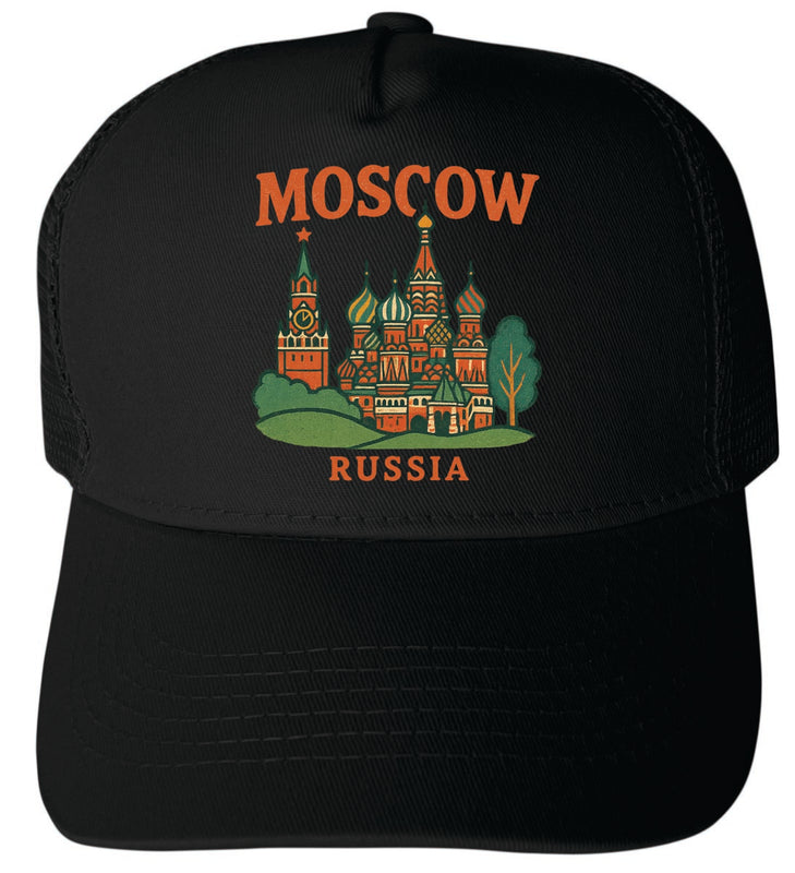 Moscow Russia Vintage Design Black Unisex Mesh Back Trucker Hat with Adjustable Snapback Black