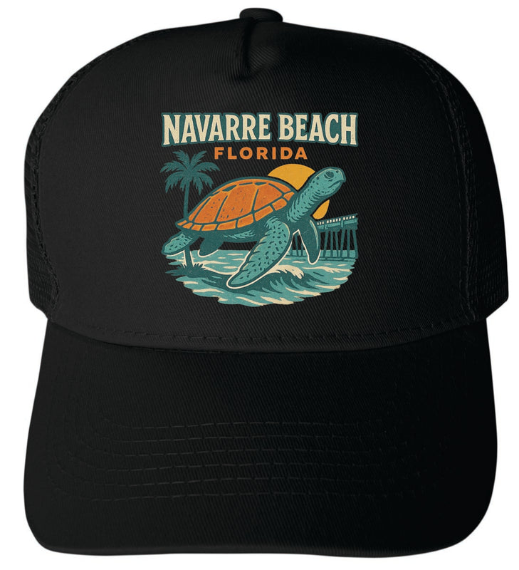 Navarre Beach Florida Vintage Design Black Unisex Mesh Back Trucker Hat with Adjustable Snapback Black