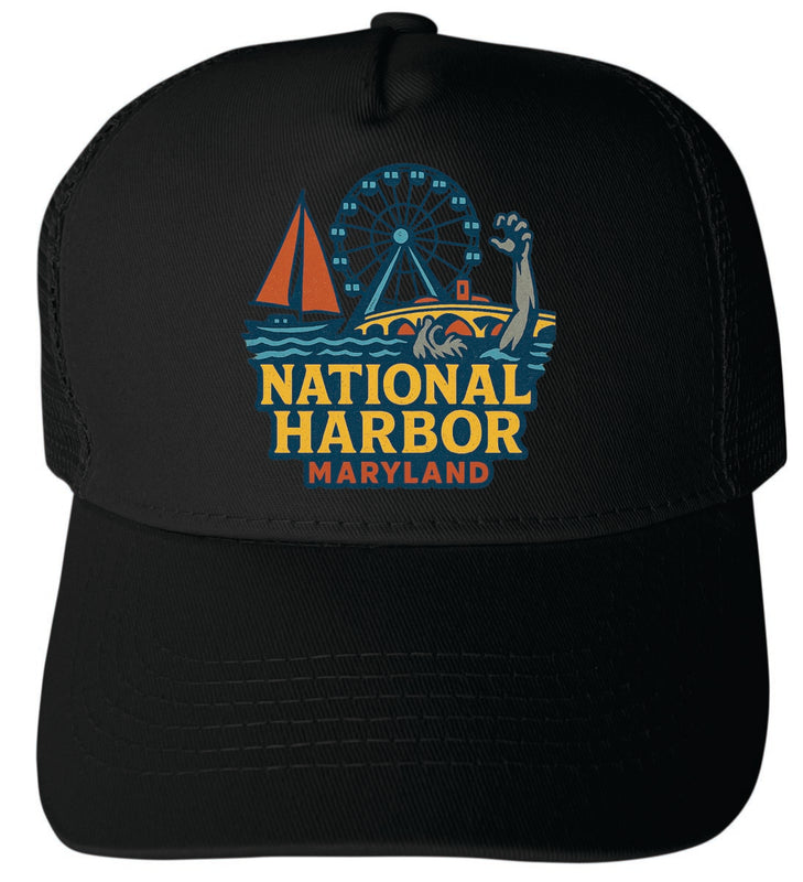 National Harbor Maryland Vintage Design Black Unisex Mesh Back Trucker Hat with Adjustable Snapback Black