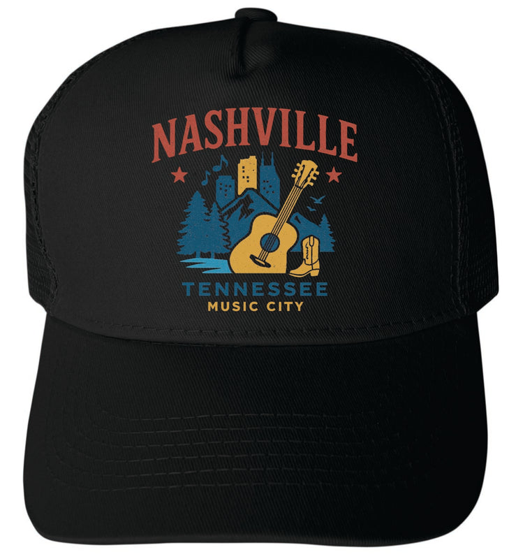 Nashville Tennessee Vintage Design Black Unisex Mesh Back Trucker Hat with Adjustable Snapback Black