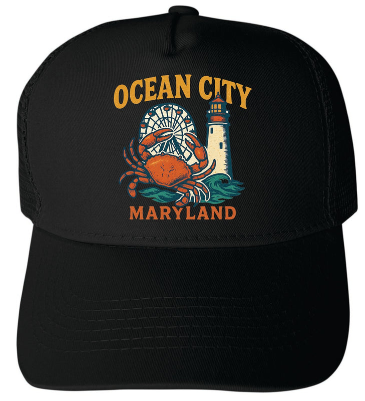 Ocean City Maryland Vintage Design Black Unisex Mesh Back Trucker Hat with Adjustable Snapback Black