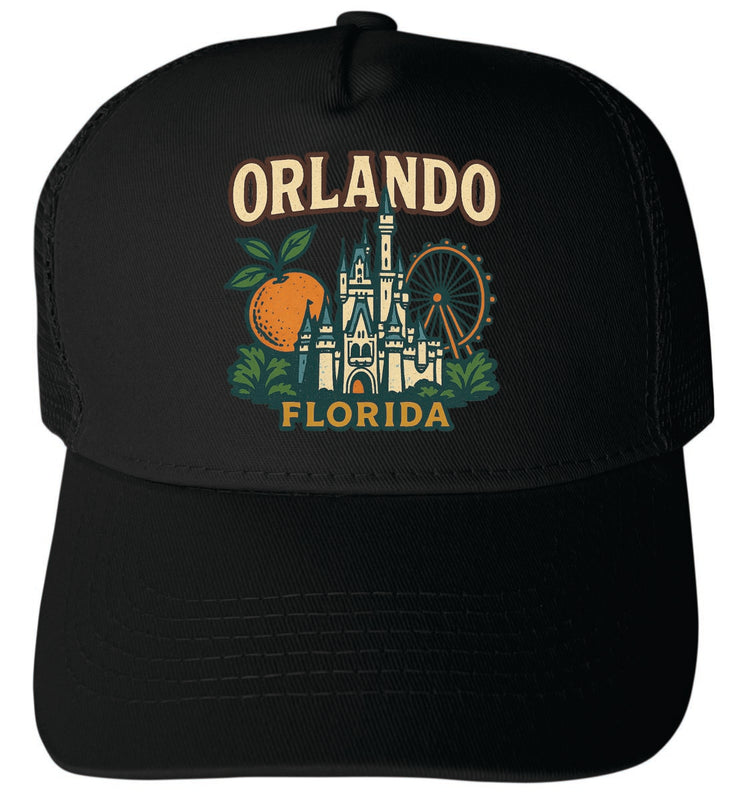 Orlando Florida Vintage Design Black Unisex Mesh Back Trucker Hat with Adjustable Snapback Black