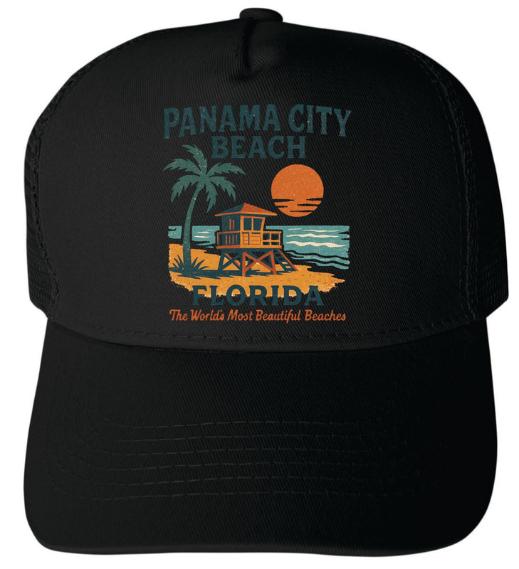 Panama City Beach Florida Vintage Design Black Unisex Mesh Back Trucker Hat with Adjustable Snapback Black