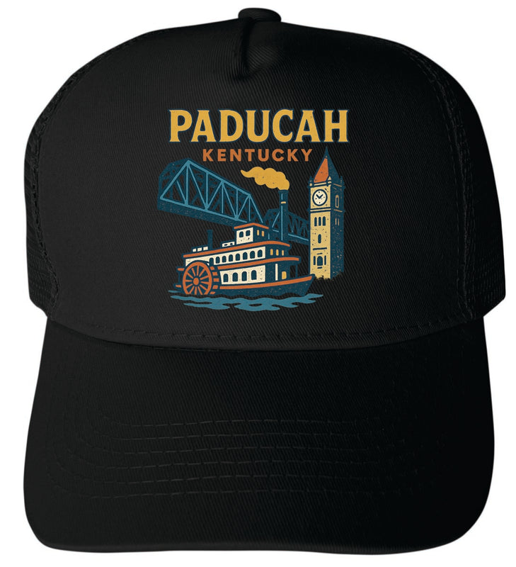 Paducah Kentucky Vintage Design Black Unisex Mesh Back Trucker Hat with Adjustable Snapback Black