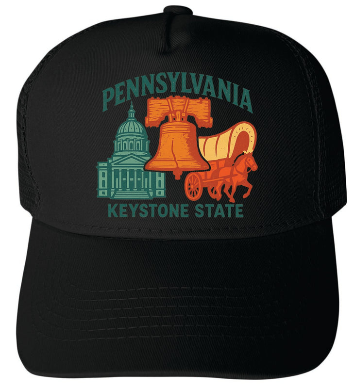 Pennsylvania Vintage Design Black Unisex Mesh Back Trucker Hat with Adjustable Snapback Black