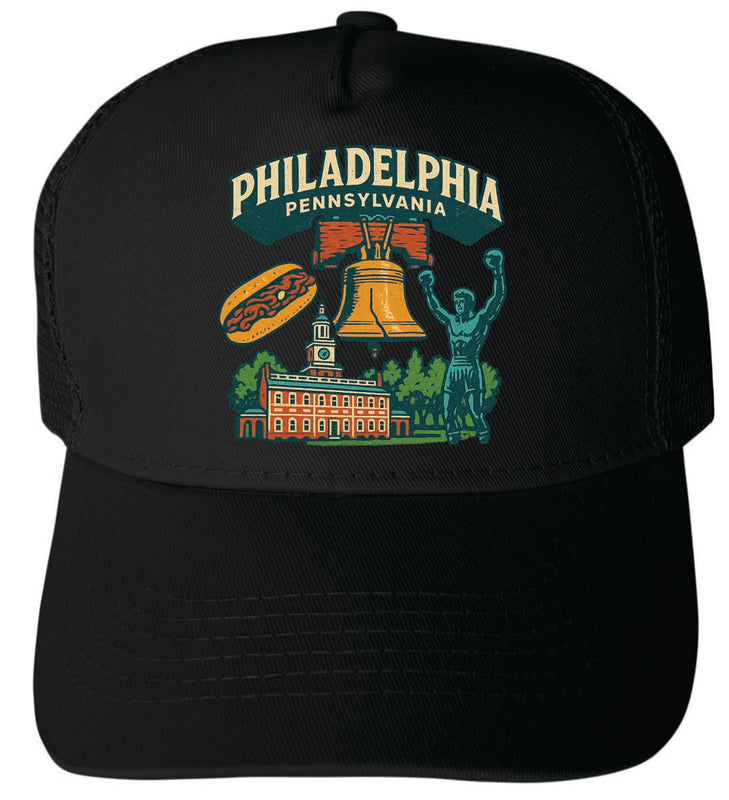 Philadelphia Pennsylvania Vintage Design Black Unisex Mesh Back Trucker Hat with Adjustable Snapback Black