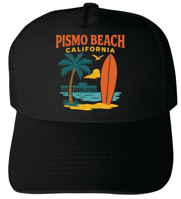Pismo Beach California Vintage Design Black Unisex Mesh Back Trucker Hat with Adjustable Snapback Black