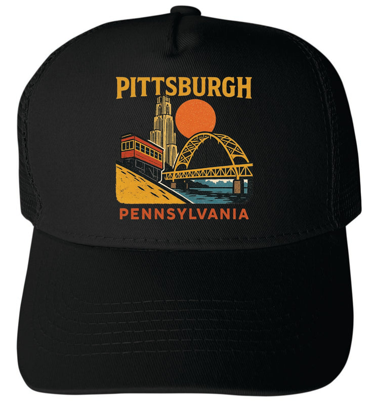 Pittsburgh Pennsylvania Vintage Design Black Unisex Mesh Back Trucker Hat with Adjustable Snapback Black