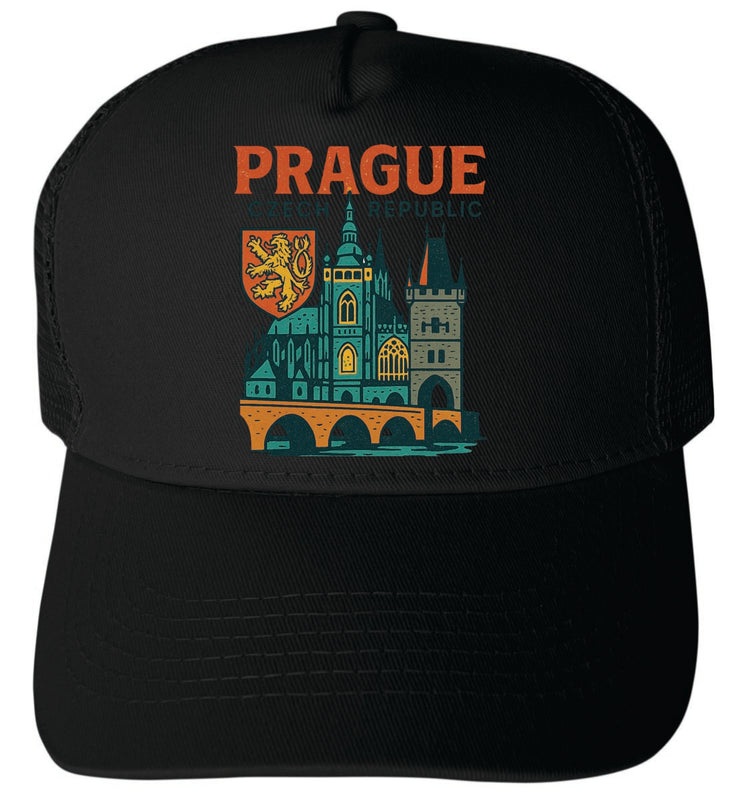 Prague Czech Republic Vintage Design Black Unisex Mesh Back Trucker Hat with Adjustable Snapback Black