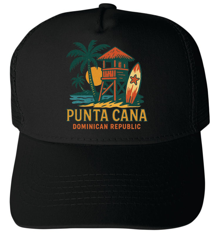 Punta Cana Dominican Republic Vintage Design Black Unisex Mesh Back Trucker Hat with Adjustable Snapback Black