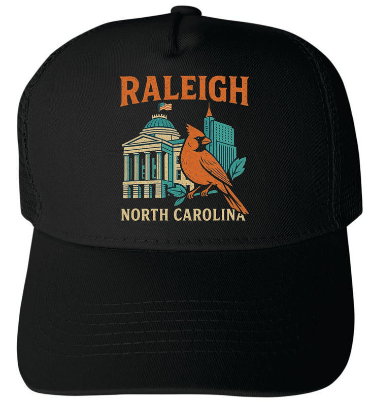 Raleigh North Carolina Vintage Design Black Unisex Mesh Back Trucker Hat with Adjustable Snapback Black