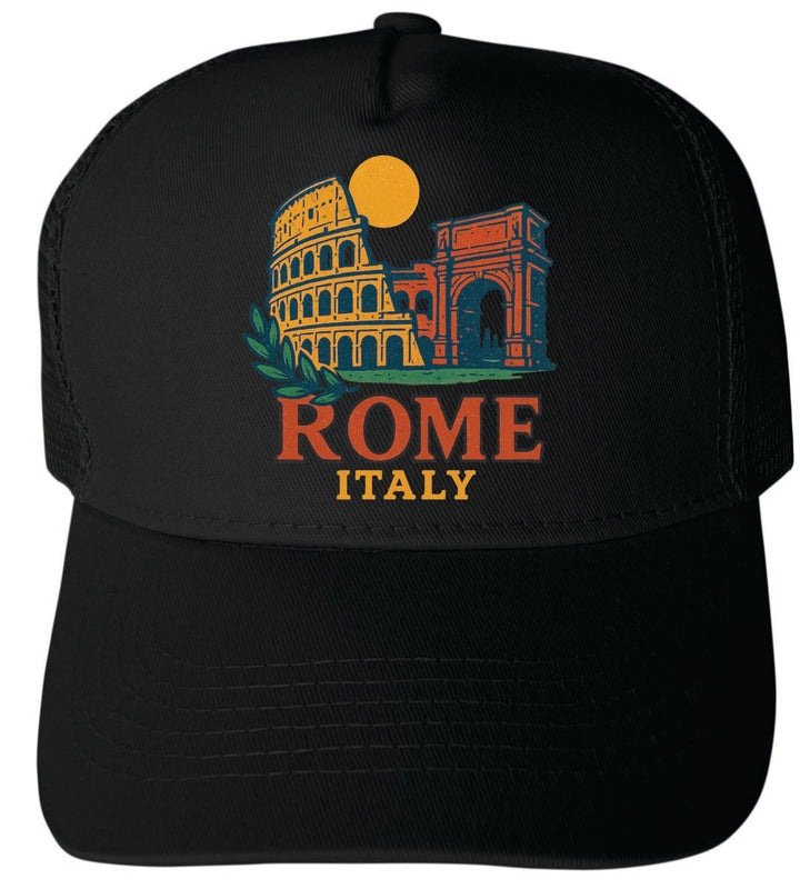 Rome Italy Vintage Design Black Unisex Mesh Back Trucker Hat with Adjustable Snapback Black