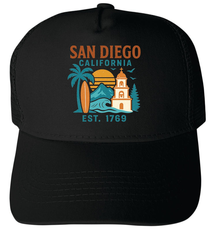 San Diego California Vintage Design Black Unisex Mesh Back Trucker Hat with Adjustable Snapback Black