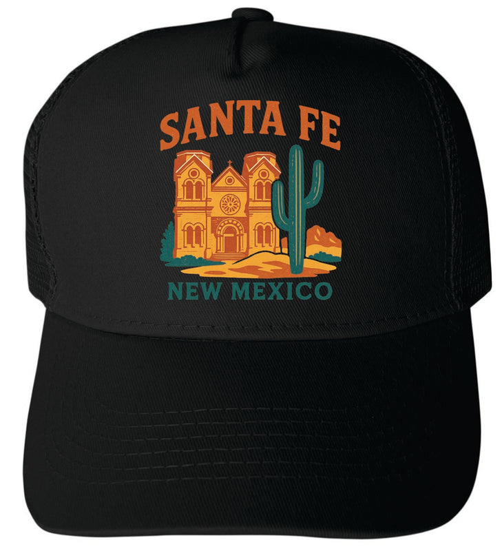 Santa Fe New Mexico Vintage Design Black Unisex Mesh Back Trucker Hat with Adjustable Snapback Black