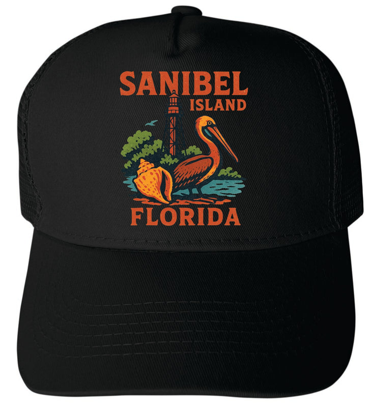 Sanibel Island Florida Vintage Design Black Unisex Mesh Back Trucker Hat with Adjustable Snapback Black